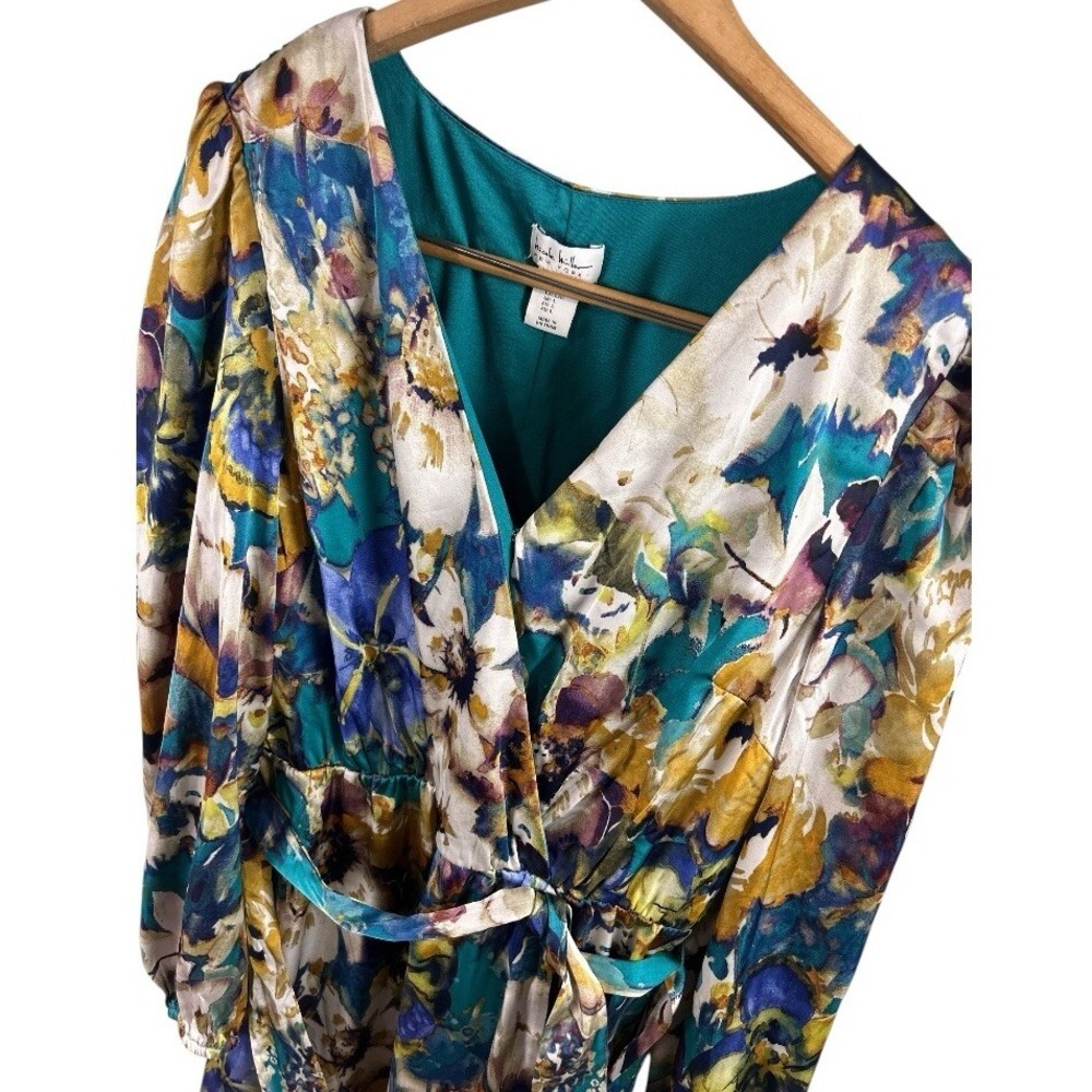 NWT NICOLE MILLER NY Women's Long Sleeve Floral Satin Wrap Style Mini Dress L - Picture 7 of 7